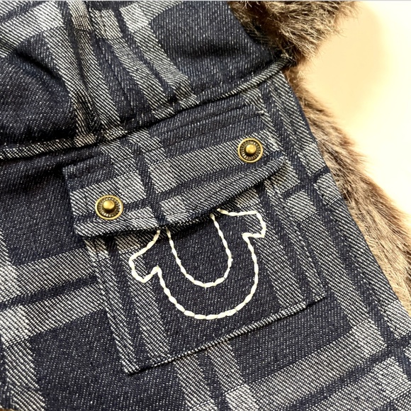 NWT True Religion Denim Faux Fur Trapper Aviator Hat Blue Plaid Logo Pocket - Picture 2 of 6